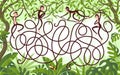 Four monkeys with long tails hang from vines in the jungle. Guess which monkey grabbed a banana with its tail?